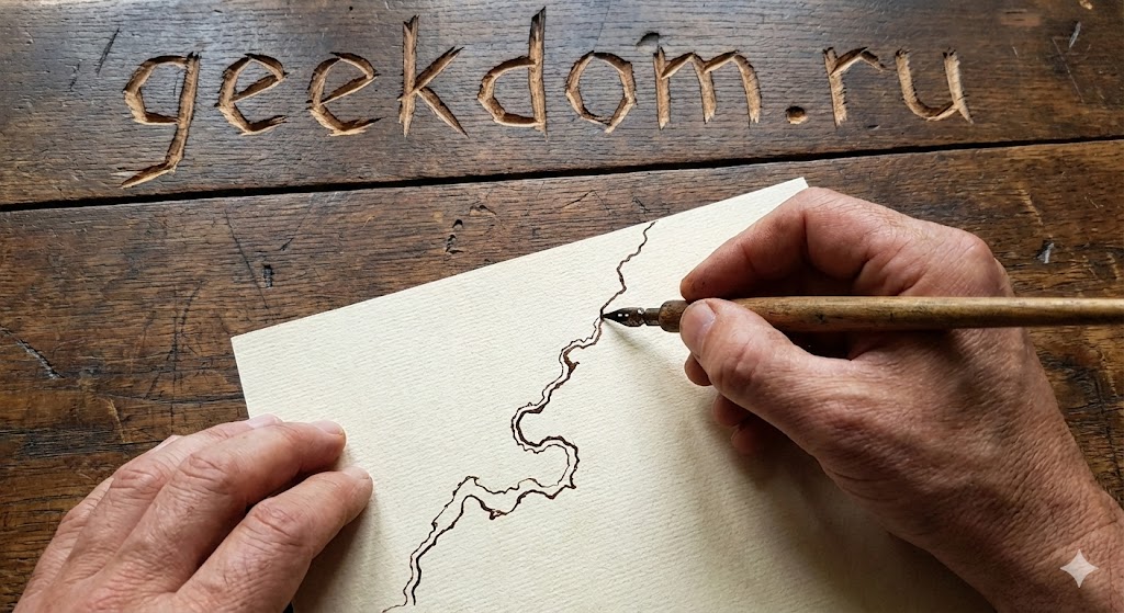 Процесс рисования карты вымышленной местности чернилами и пером.