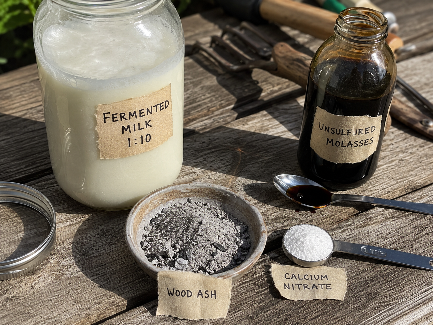Cucumber care rotation ingredients: fermented milk, wood ash, molasses, and calcium nitrate with measuring spoons