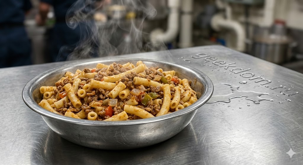 Классические макароны по-флотски в металлической миске.