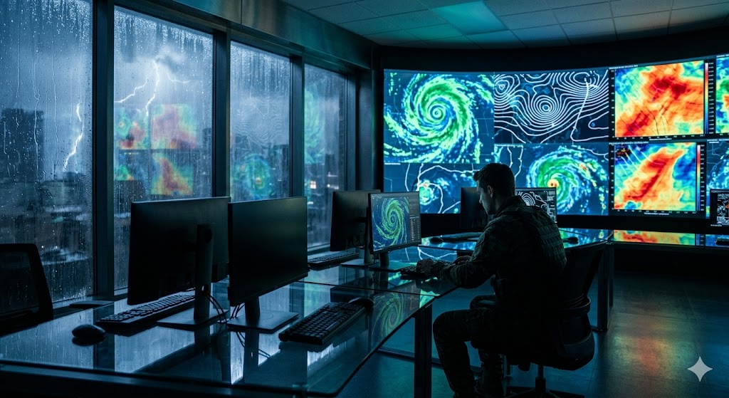 Интерьер современного центра прогнозирования погоды с изогнутыми экранами и картами атмосферных фронтов.