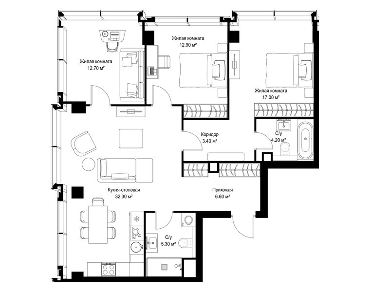 Планировка: 3-комнатная квартира 94,4 м² в ЖК «С5», корпус 1, 2-й этаж