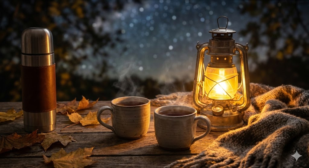 Уютный пикник под открытым небом с чаем и фонариком для наблюдения за звездами 