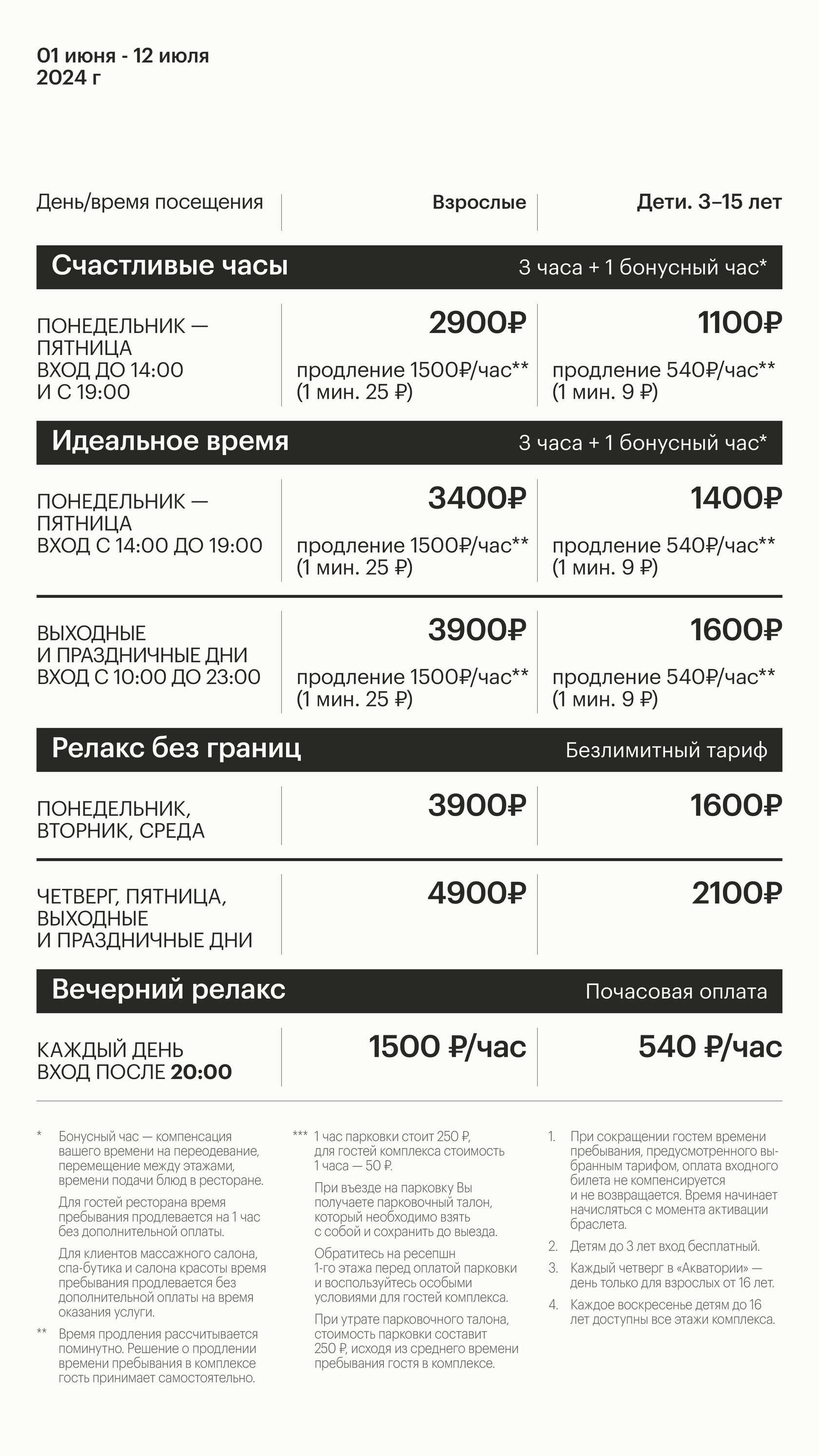 Aquatoria. Тарифы