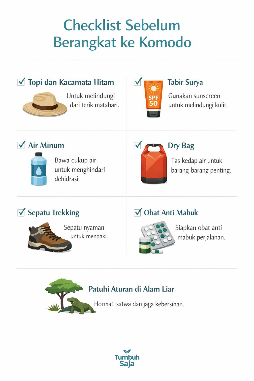 Persiapan perjalanan ke Pulau Komodo dengan perlengkapan wisata yang praktis