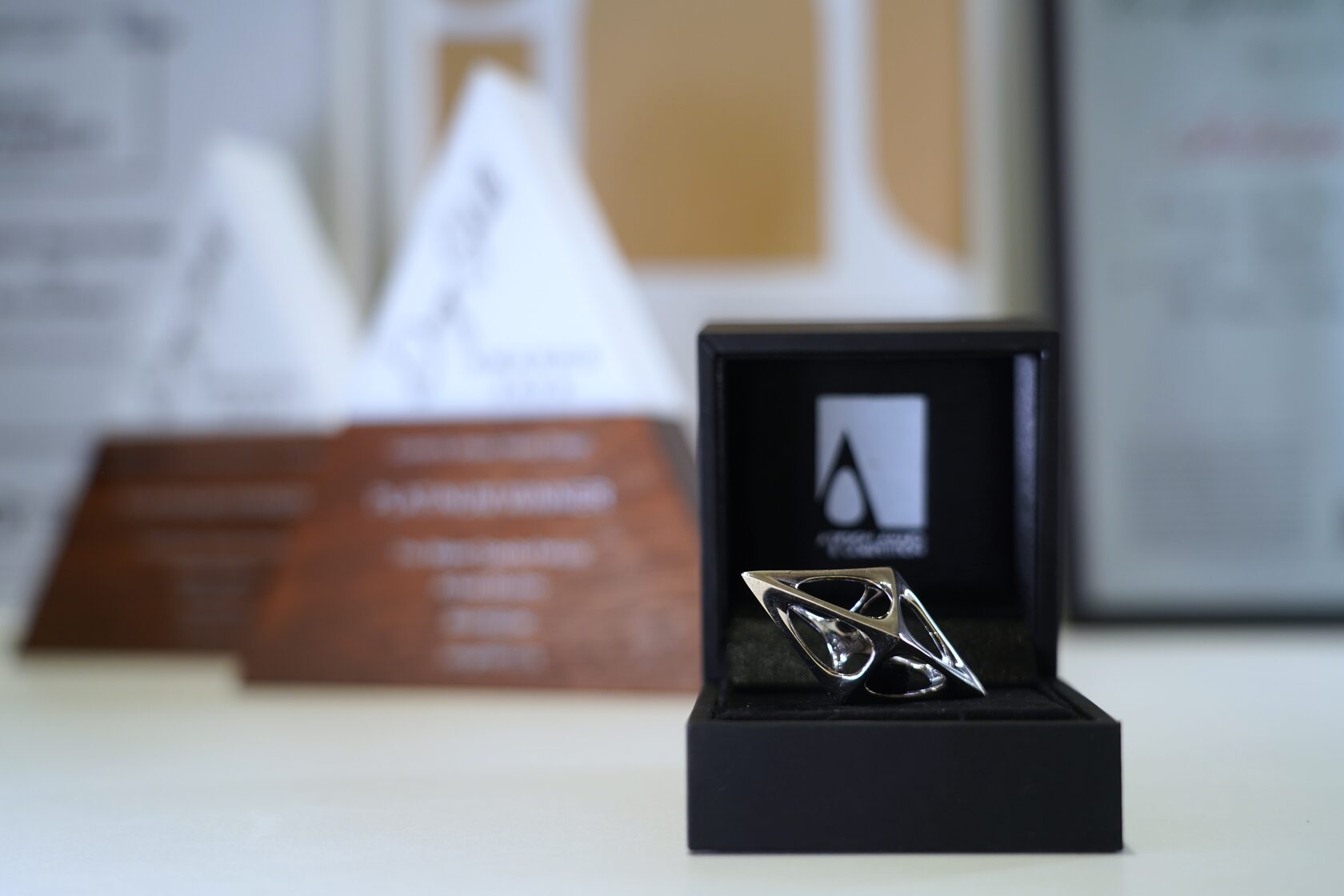 Награда A’ Design Award в открытом футляре на фоне других наград Brandiziac