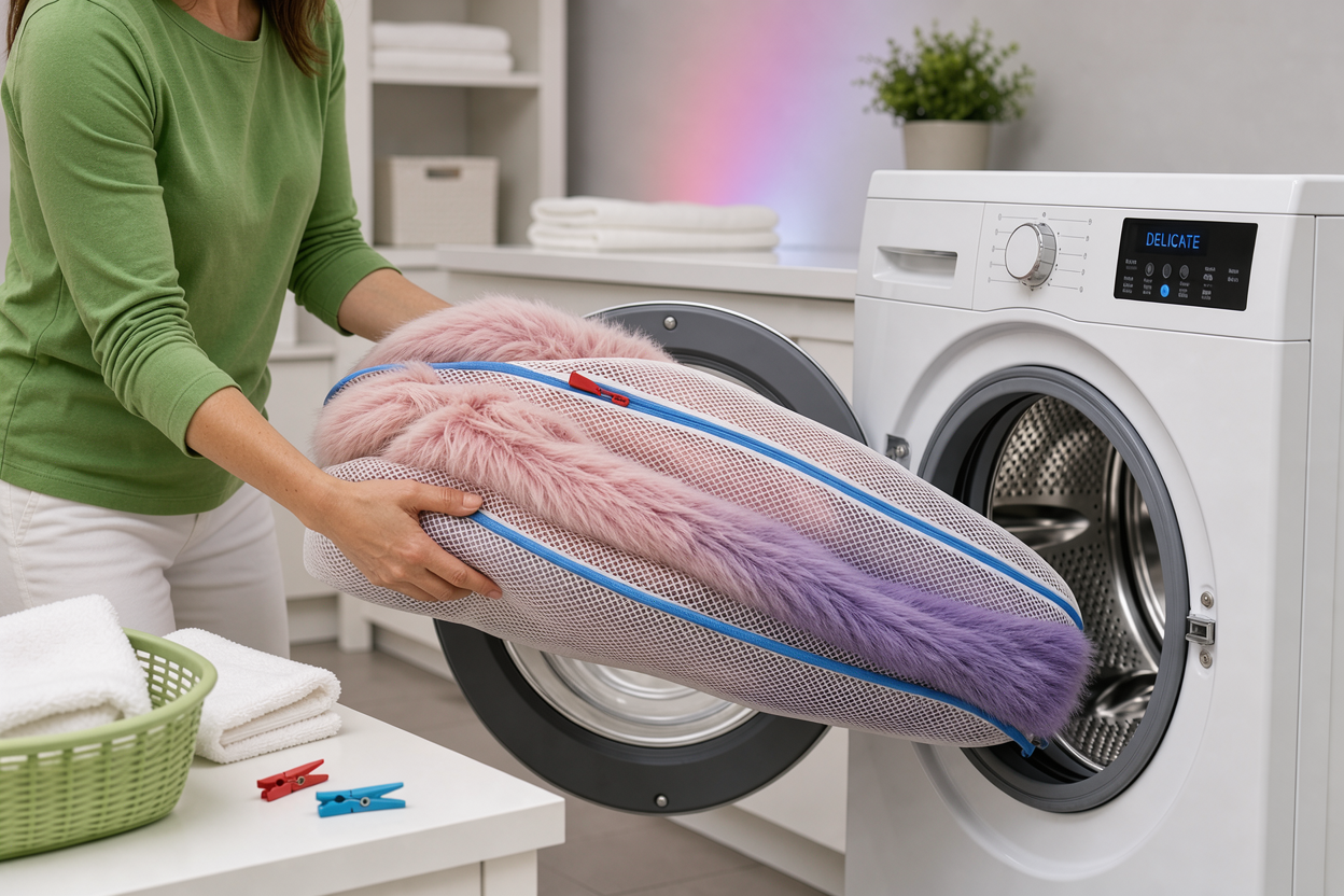 Faux fur coat inside a mesh laundry bag being placed into a washing machine on a delicate cycle, neutral laundry room background, no product labels