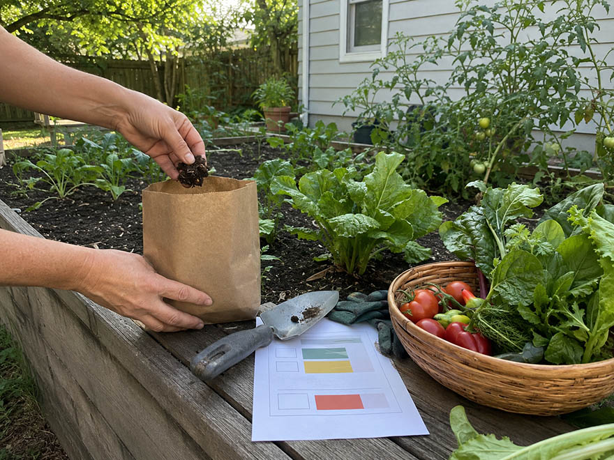 Raised bed with tomatoes and peppers set away from an older house wall to avoid lead in garden soil