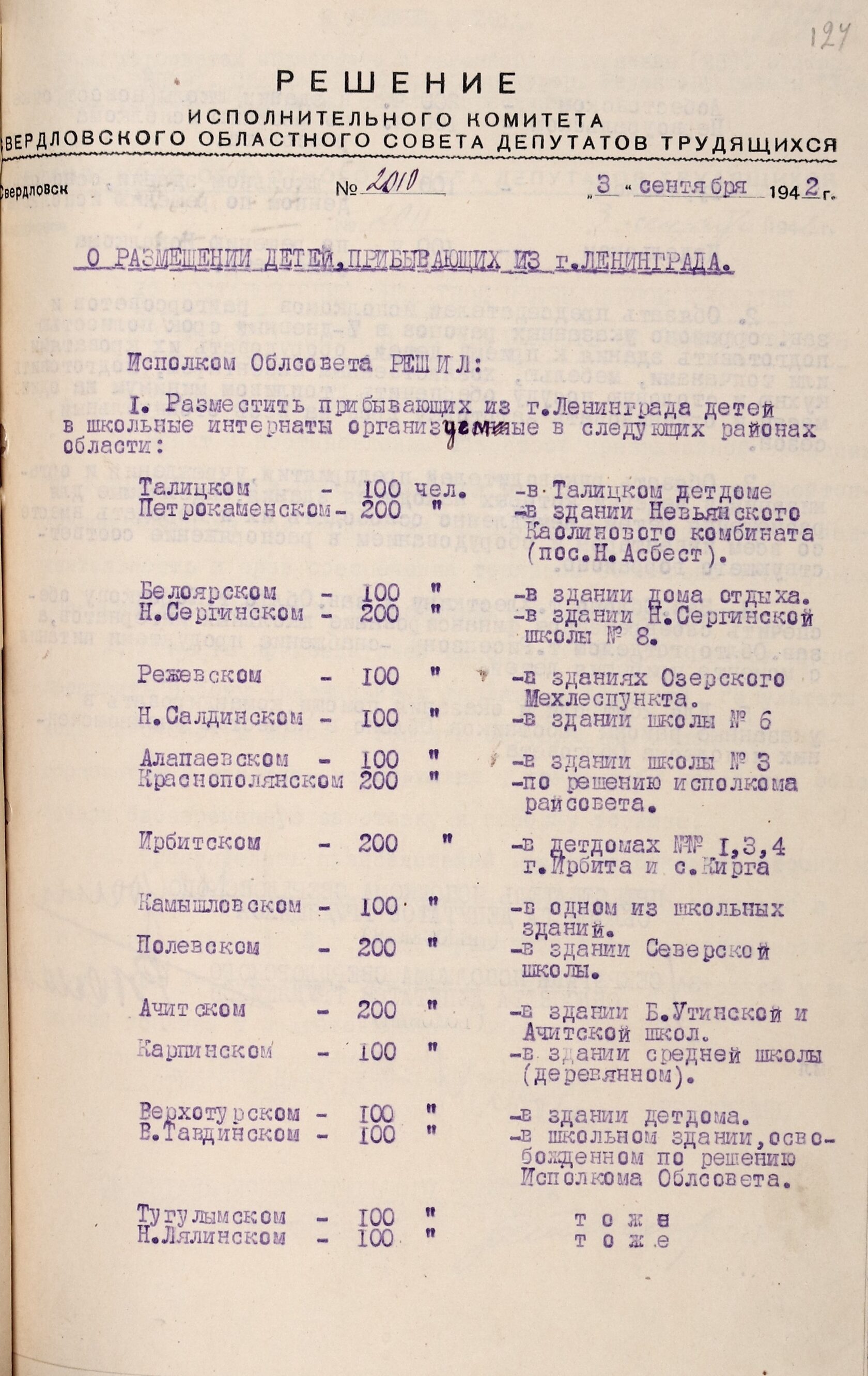 Решение Свердловского облисполкома № 2010 «О размещении детей, прибывающих из г. Ленинграда». 3 сентября 1942 г. 