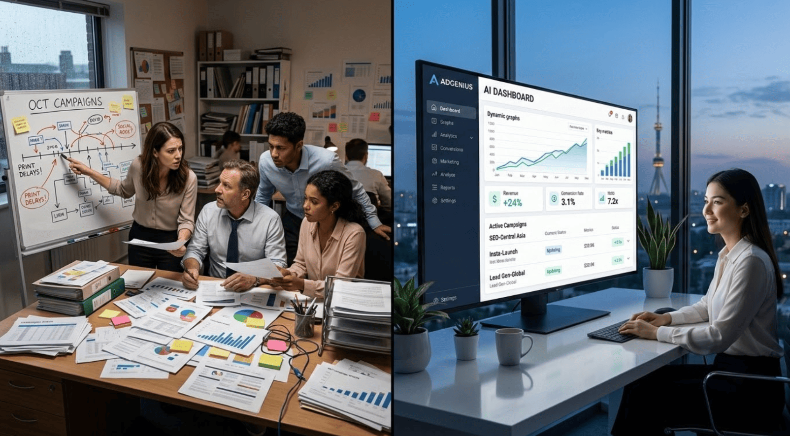 Side-by-side comparison of a traditional agency team managing campaigns manually versus an autonomous AI marketing platform dashboard showing real-time optimization.