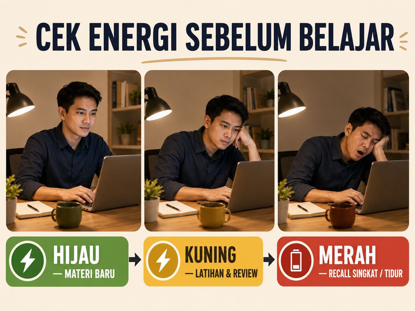 Tiga tingkat energi menentukan jenis belajar yang cocok setelah pulang kerja
