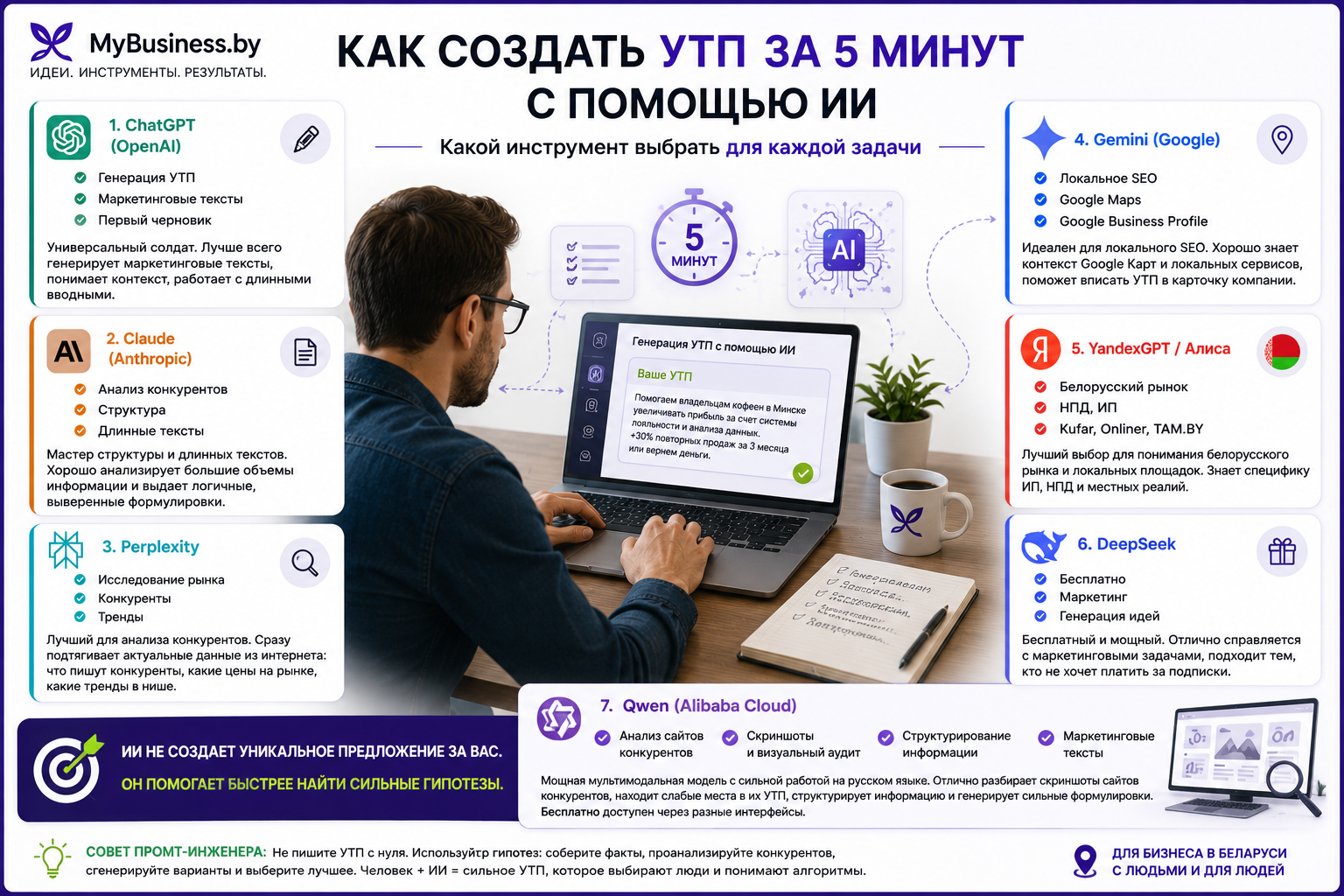 Сравнение ChatGPT, Claude, Gemini, Perplexity, DeepSeek, YandexGPT и Qwen для создания уникального торгового предложения, анализа конкурентов и маркетинга малого бизнеса в Беларуси в 2026 году.