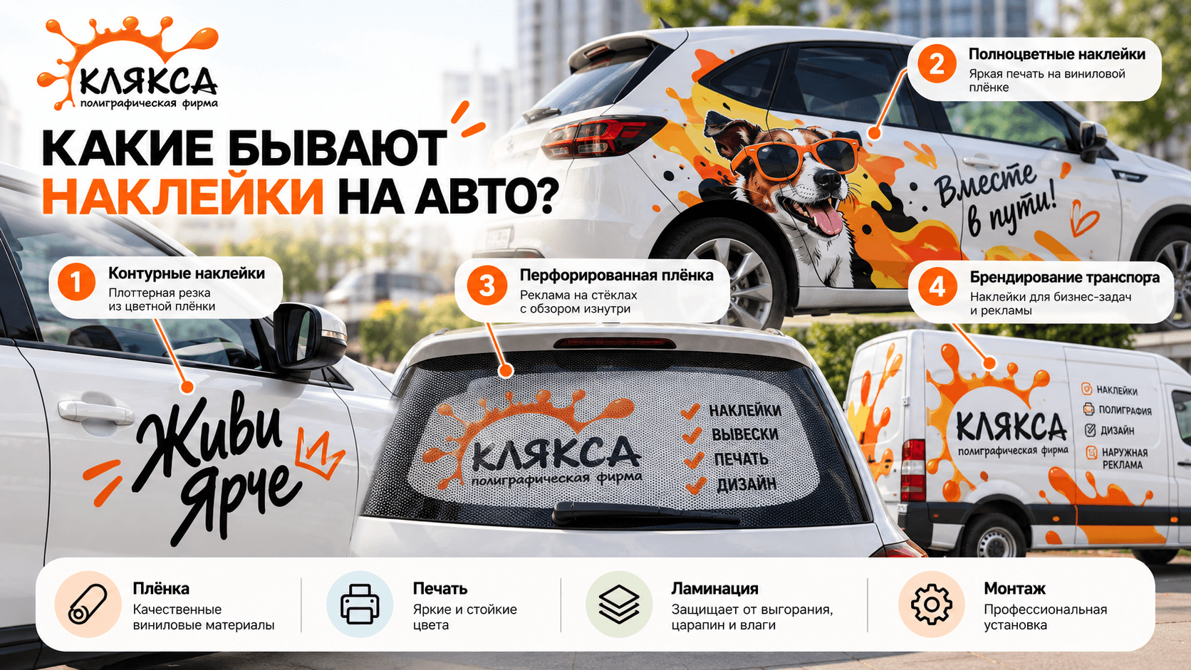 Виды наклеек на автомобиль — контурные, полноцветные, перфорированные и брендирование транспорта