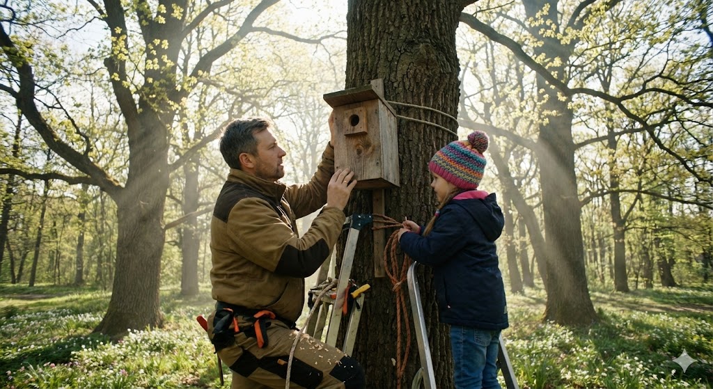 Отец и дочь вешают деревянный скворечник на дерево в парке весной. 