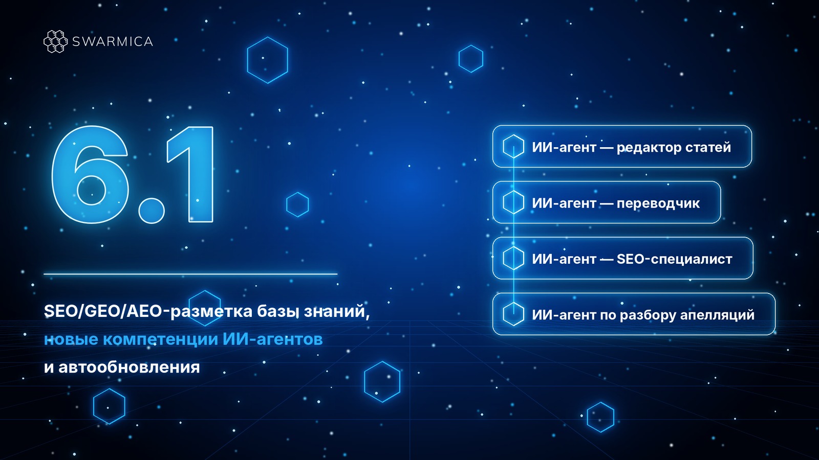 Обложка материала: Swarmica 6.1: SEO/GEO/AEO-разметка базы знаний, новые компетенции ИИ-агентов и автообновление