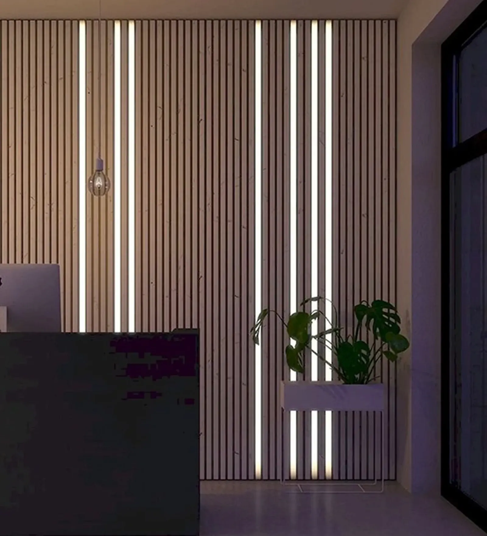 Вертикальные световые линии LED-профиля на стене