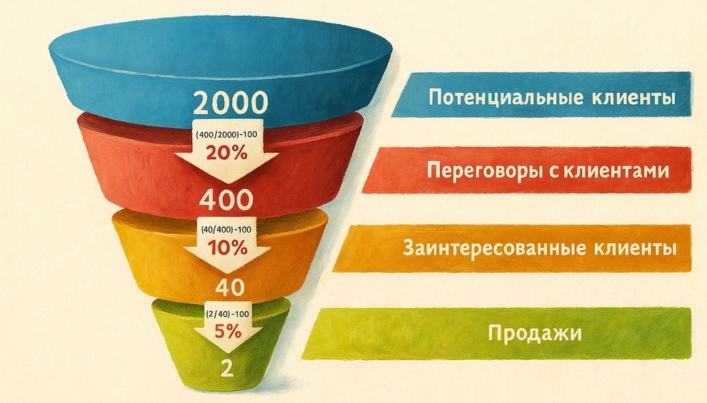CR уменьшается по мере прохождения по воронке продаж