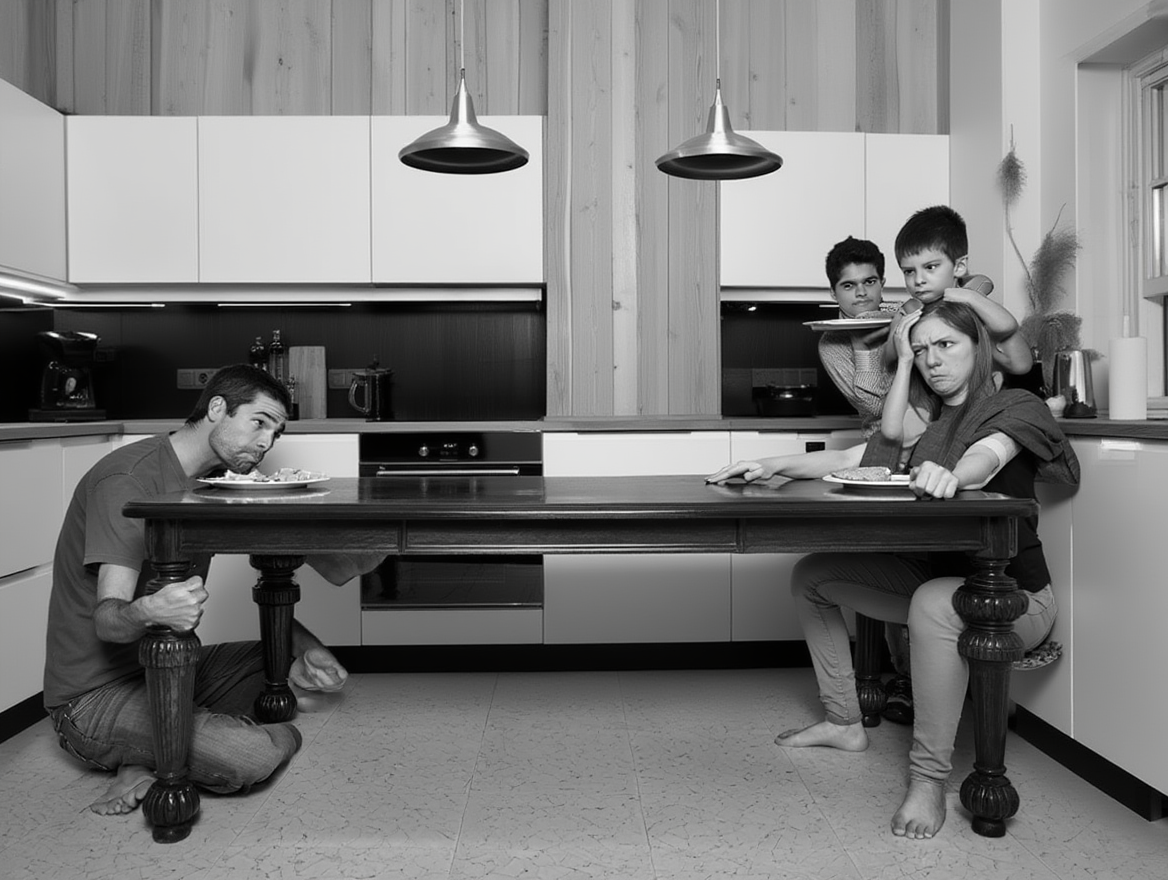 Ошибка дизайна кухни - стол 120 см занимает всё пространство, семья ужинает в неудобных позах