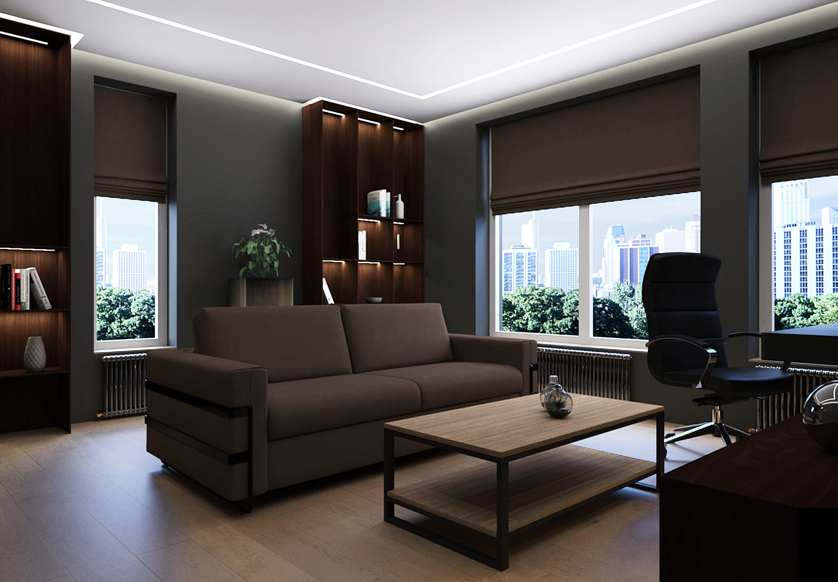 дизайн-проект тёмной гостиной в минималистичном стиле с шоколадным диваном и римскими шторами