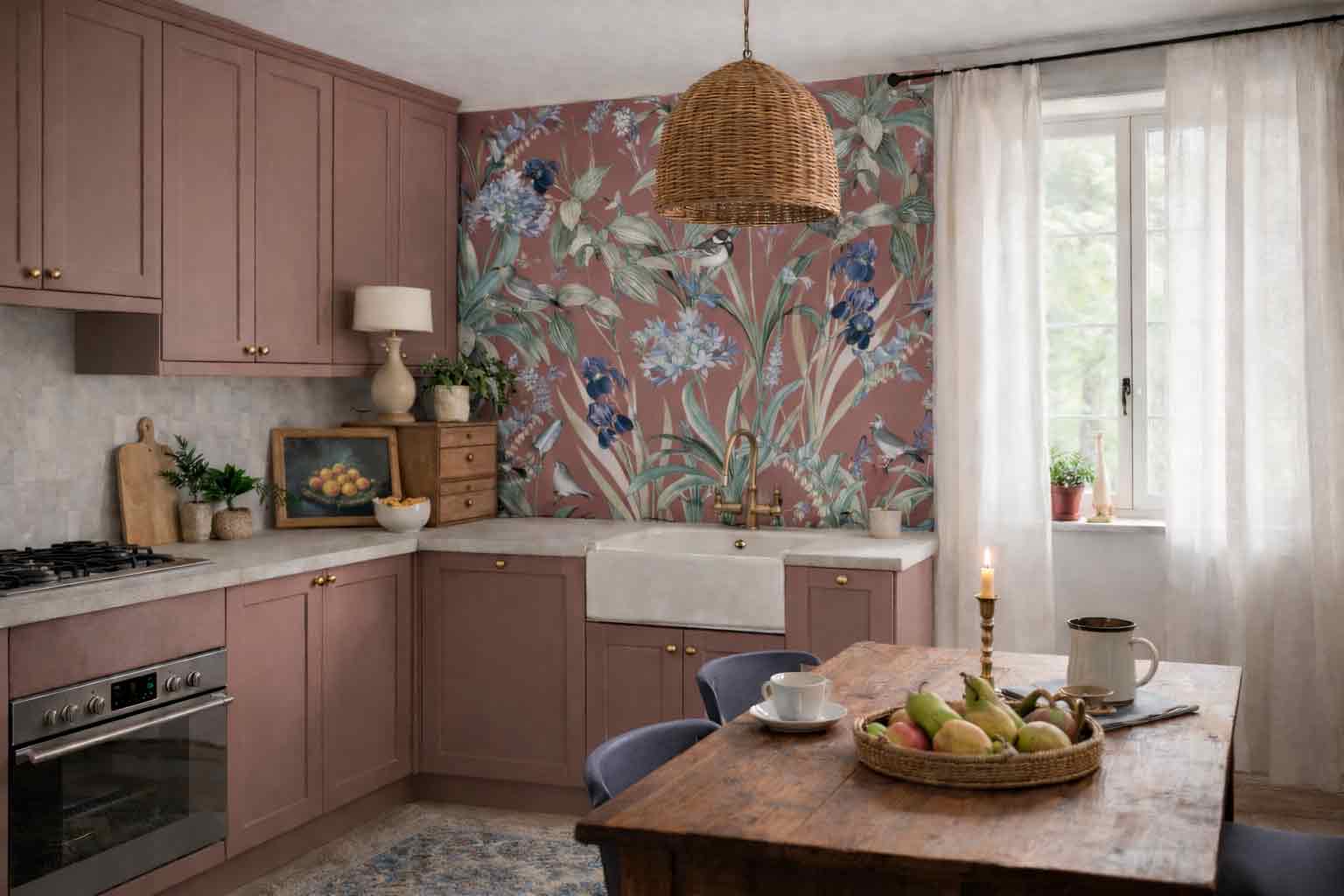 Дизайнерские обои «Аурелия» с тропическими листьями в интерьере гостиной с арочной нишей и зелёным диваном