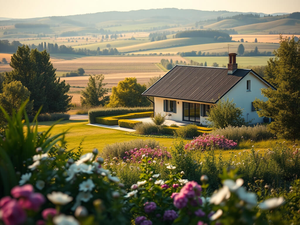 a peaceful rural landscape with a charming country house surrounded by greenery and a blooming garden, bathed in soft sunlight. The house is well-kept, though slightly aged — with faded paint and weathered shutters hinting at its long history. In the back