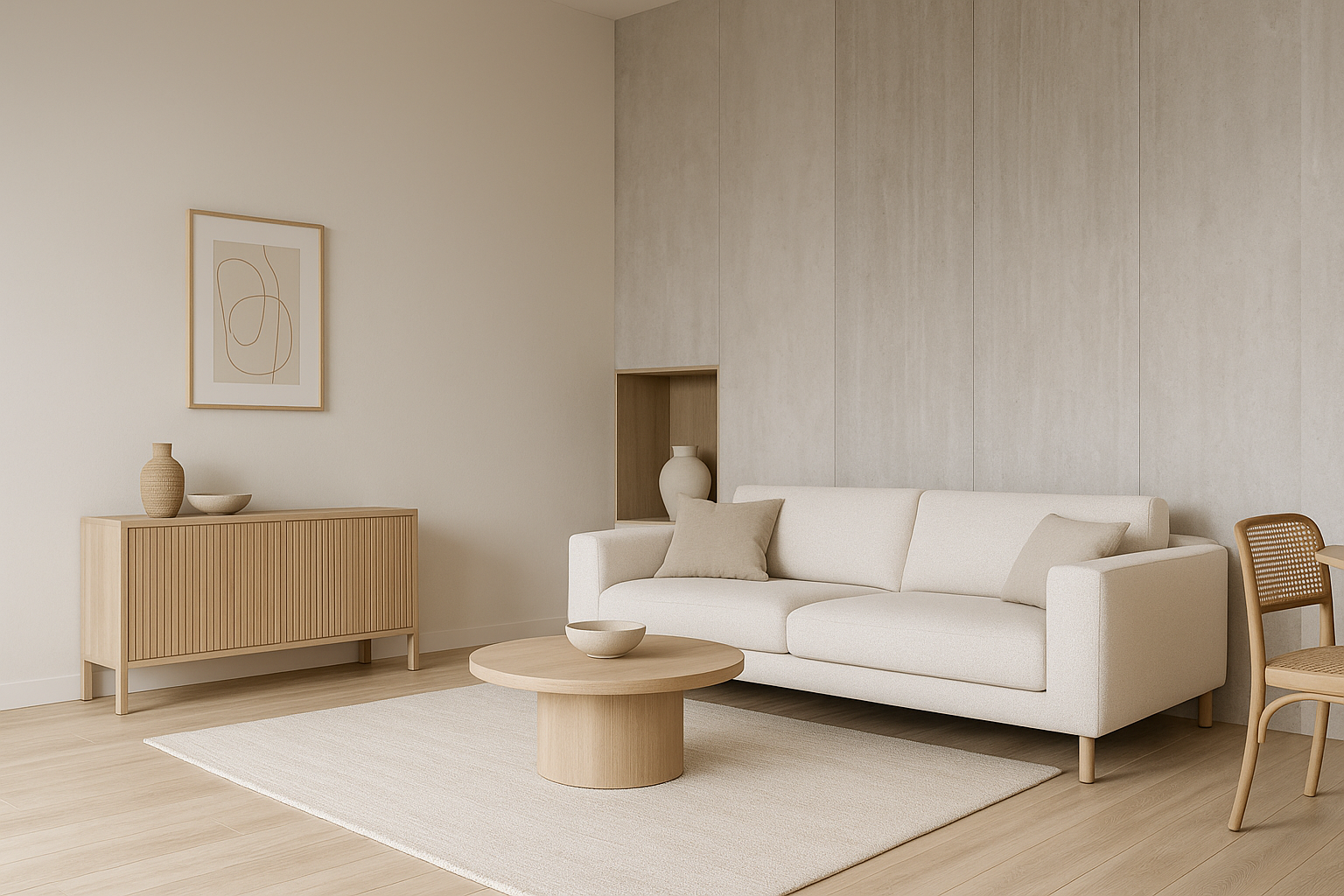 Реализованный проект студии Struktura: светлая гостиная с акцентом на отделочные материалы стен и пола