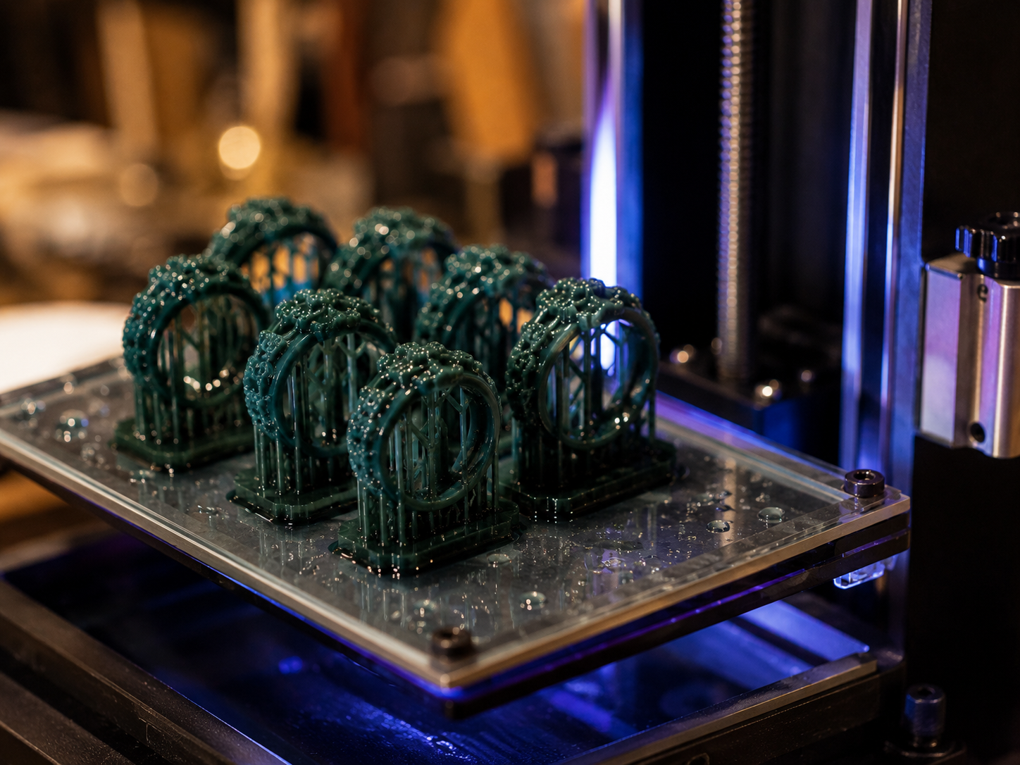 Восковые модели колец на платформе ювелирного 3D-принтера после печати