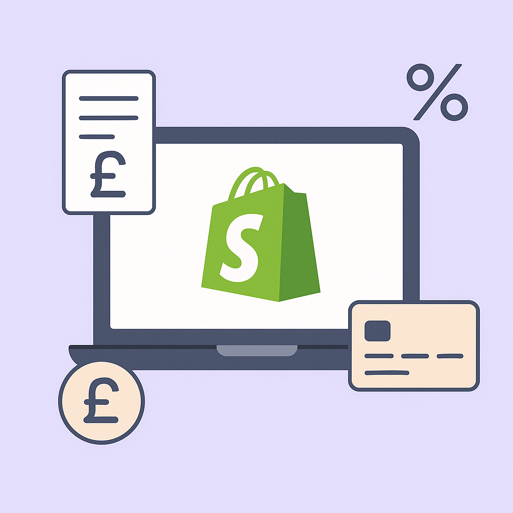 Illustration of a laptop displaying the Shopify logo, surrounded by UK pound symbols, a credit card, a receipt, and a percentage icon, representing Shopify payment fees in the UK.
