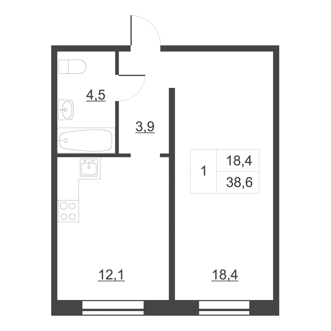 Планировка 1-к.кв 38.4 м², Дом на набережной. Атлантика, кв. 184