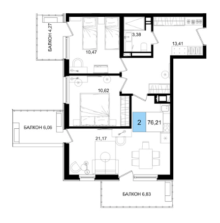 Планировка 2-комнатная 76,21 м²