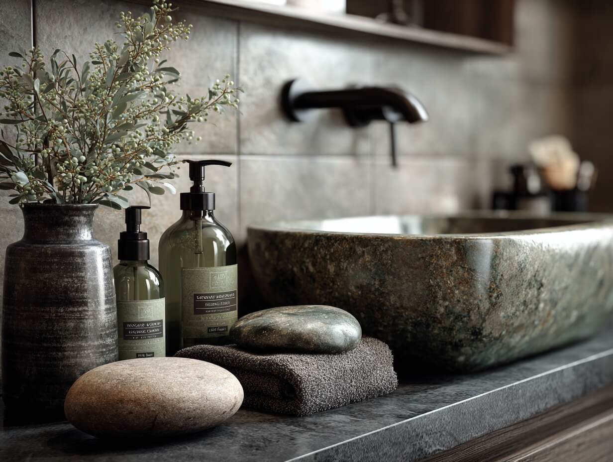 лофт стильные аксессуары в ванной комнате темных тонов