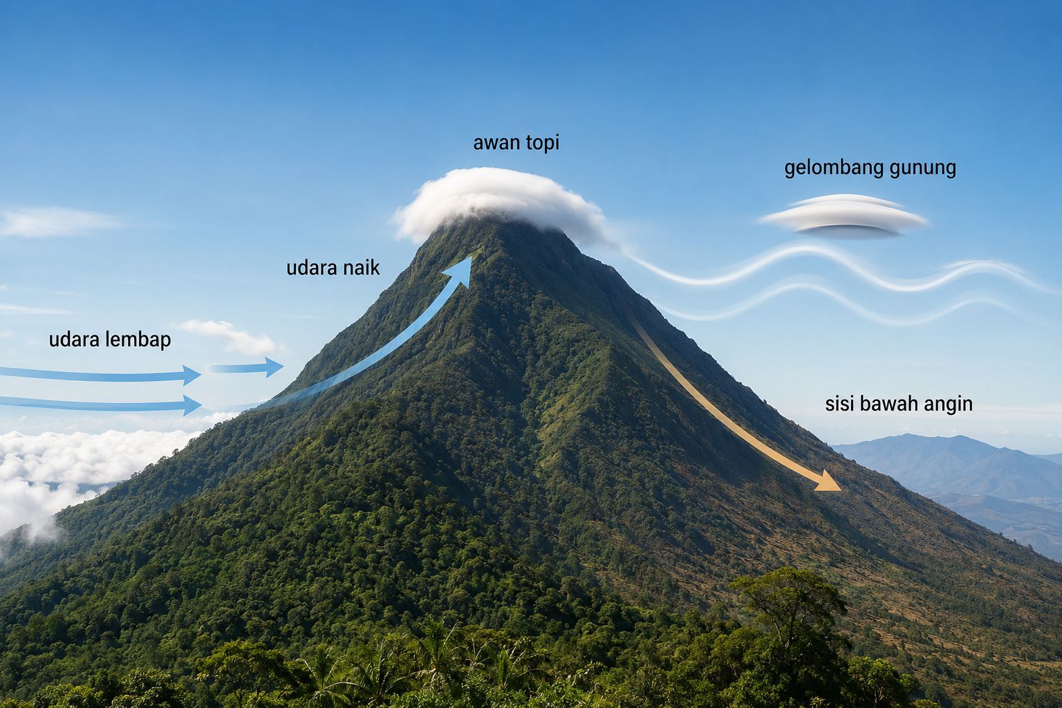 Aliran udara lembap naik melewati gunung dan membentuk awan serta gelombang atmosfer