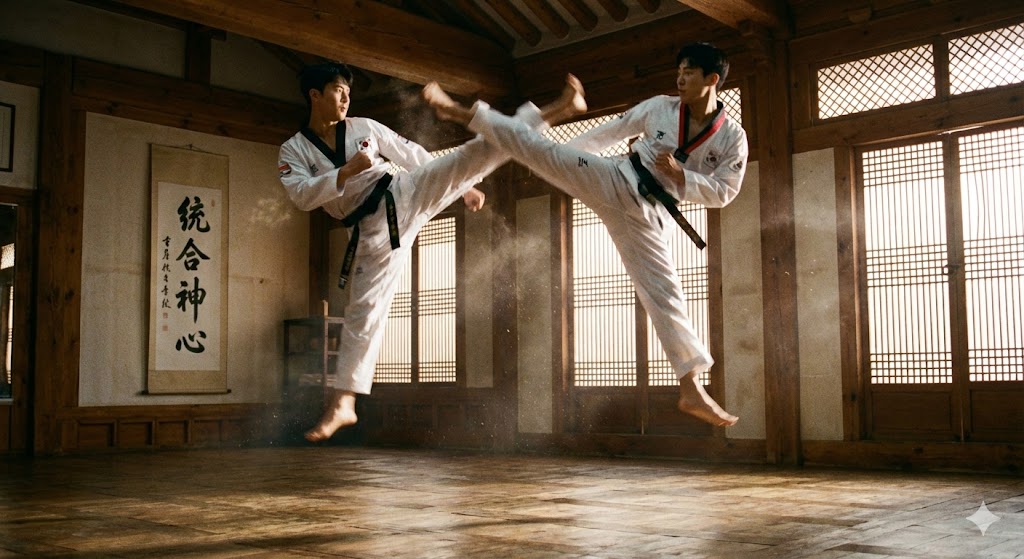 Динамичный спарринг спортсменов тхэквондо в прыжке в традиционном зале