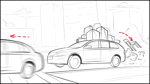 Boceto cinematográfico: un vehículo cargado pierde objetos en la carretera, tráfico en dirección contraria.