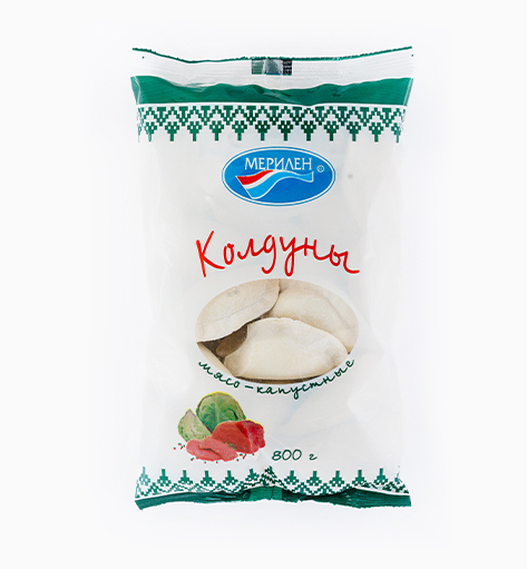 Колдуны мясо-капустные от производителя Мерилен — замороженные полуфабрикаты с начинкой из мяса и капусты, домашний рецепт. Упаковка: 800 гр.