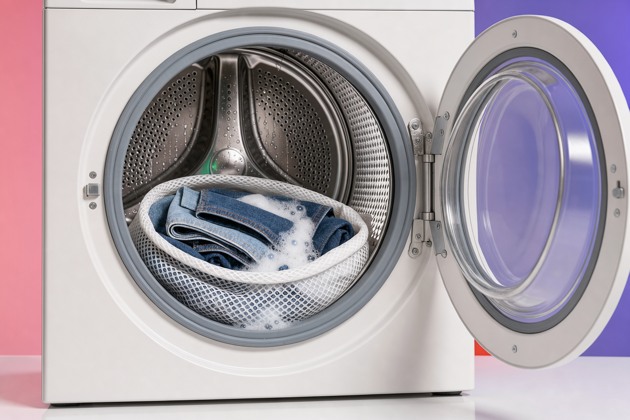 Open washing machine drum with a small load of denim inside a mesh laundry bag, water droplets and soft detergent foam, no logos