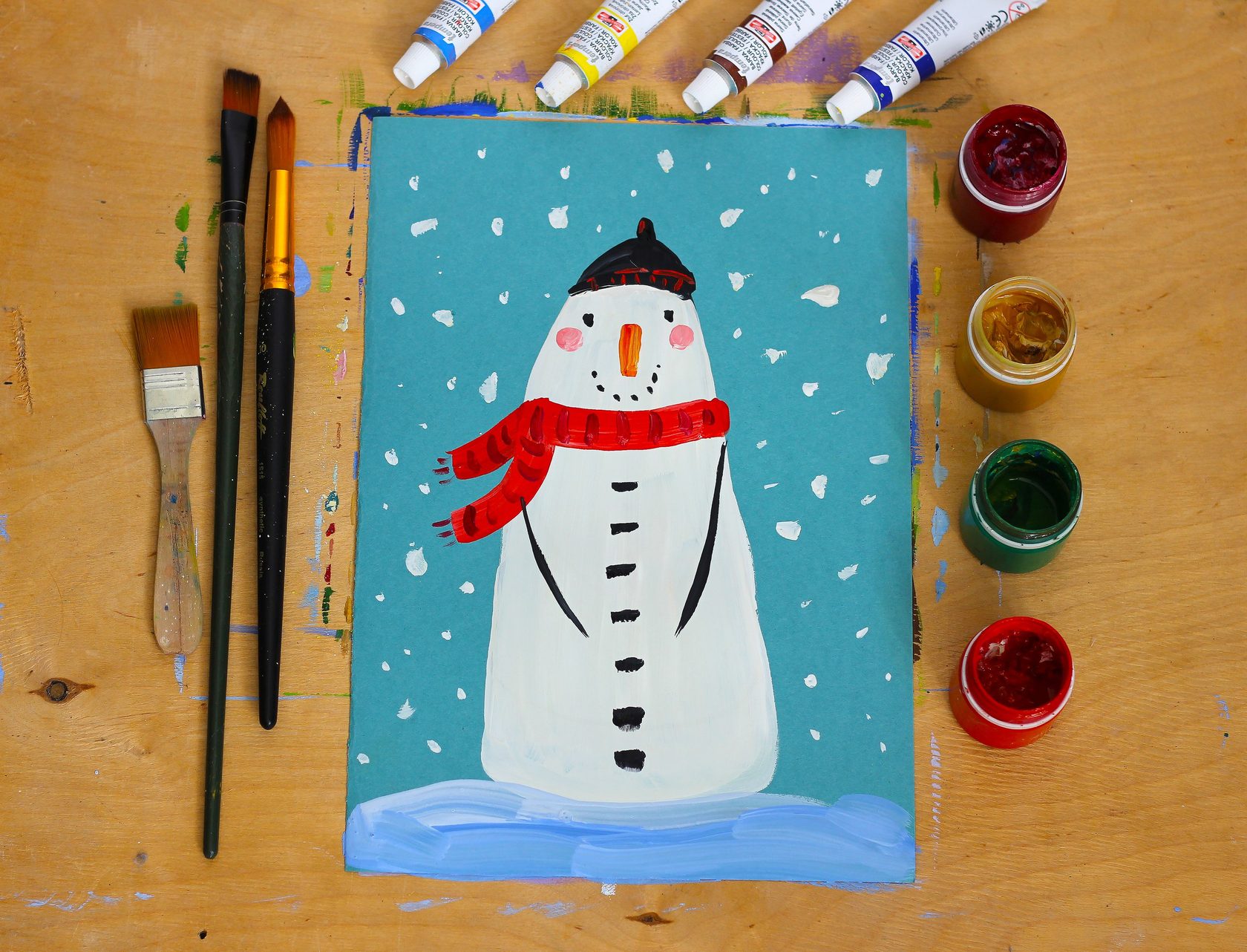 Нарисовать снеговика красками