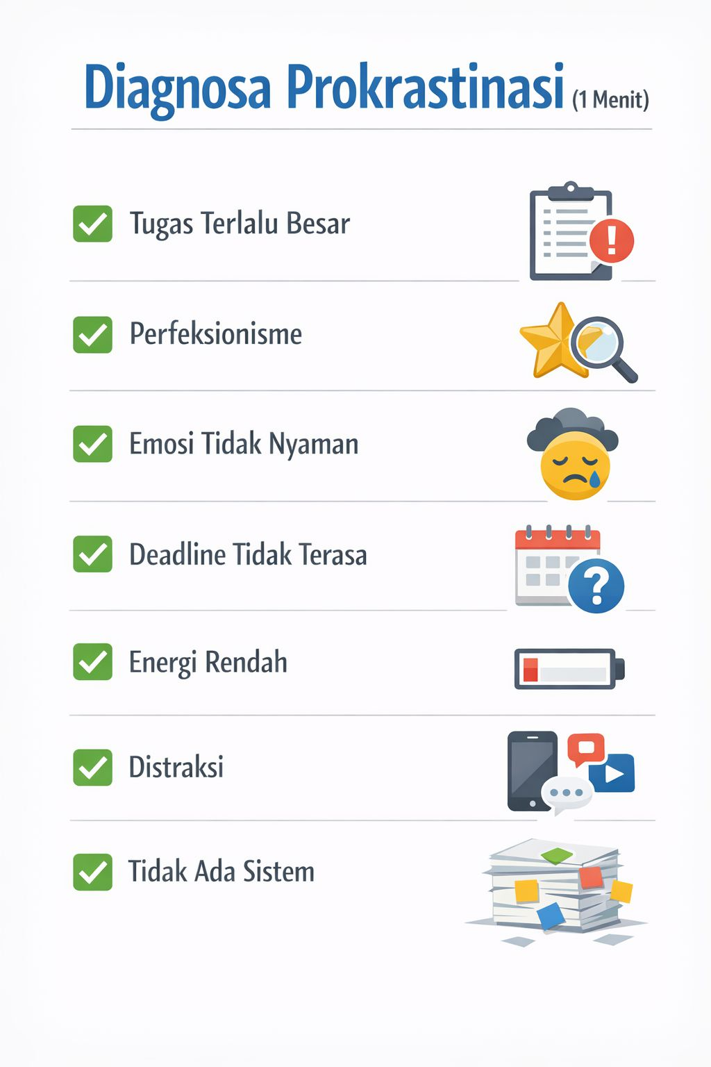 Checklist diagnosa prokrastinasi berisi tugas terlalu besar, perfeksionisme, emosi tidak nyaman, deadline tidak terasa, energi rendah, distraksi, dan tidak ada sistem
