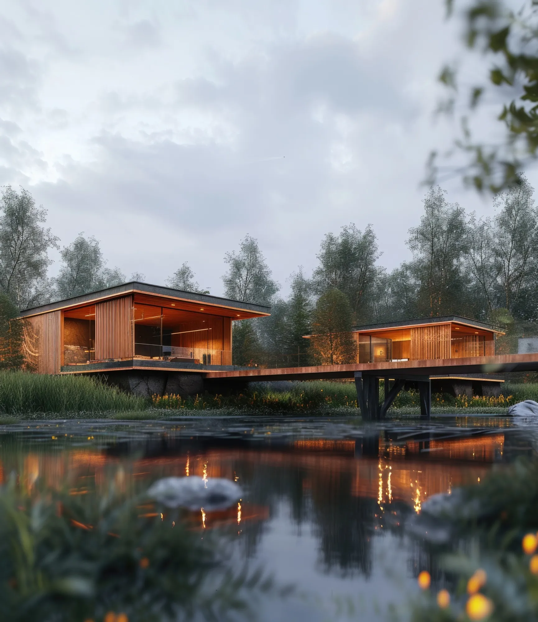 Photorealistic house with wooden architecture and timber structure