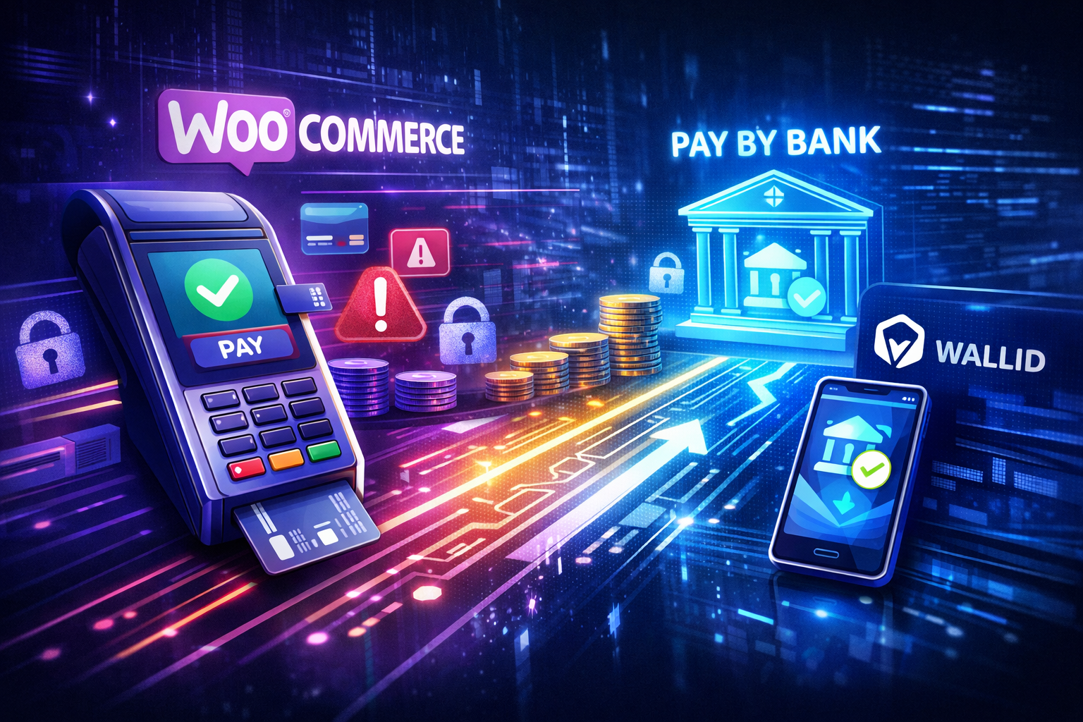 Futuristic WooCommerce checkout interface showing card payments flowing through networks alongside Wallid pay-by-bank infrastructure
