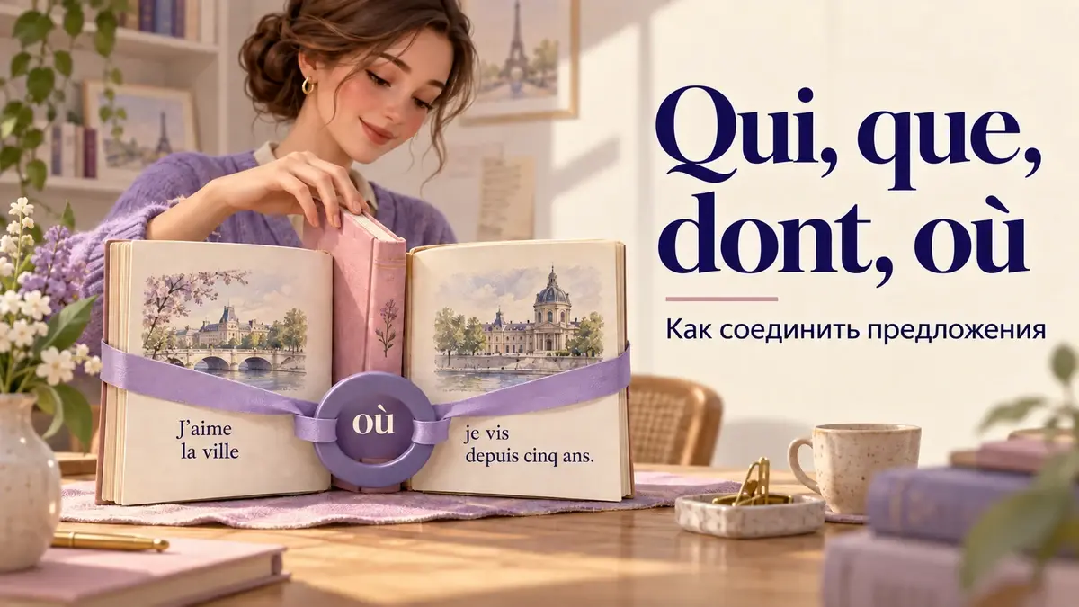Читательница соединяет две карточки о городе словом où; обложка статьи о qui, que, dont и où.