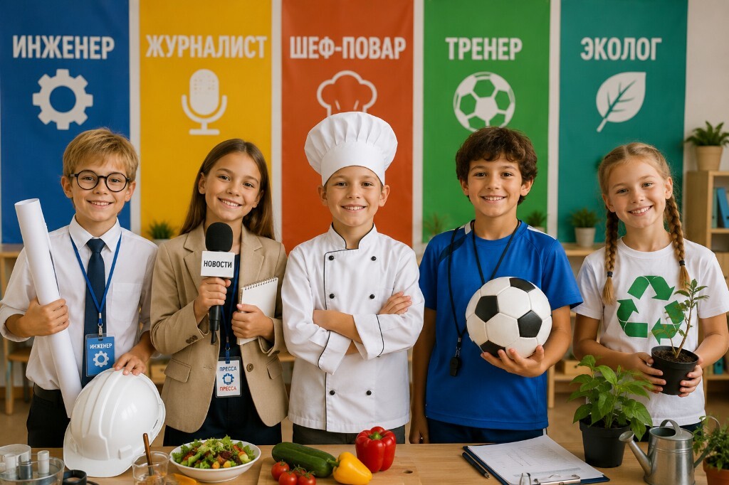 Дети в ролях инженера, журналиста, шеф-повара, тренера и эколога