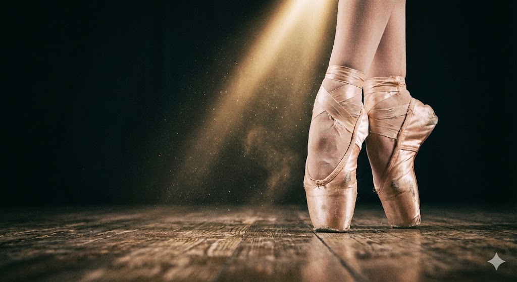 Балерина стоит на пуантах на деревянной сцене в свете софитов