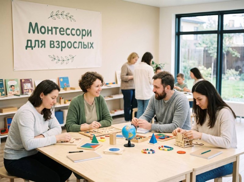 Группа взрослых людей сидит за столом в комнате, оборудованной по методике Монтессори. Они занимаются различными развивающими играми и головоломками. На стене висит плакат с надписью &amp;quot;Монтессори для взрослых&amp;quot;.