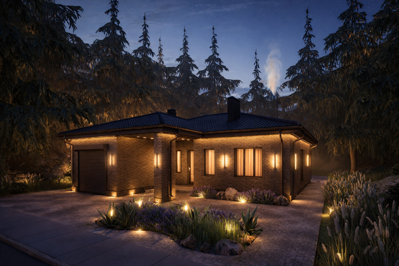 Строительство домов в Набережных Челнах: одноэтажный дом из кирпича с гаражом и фасадной подсветкой