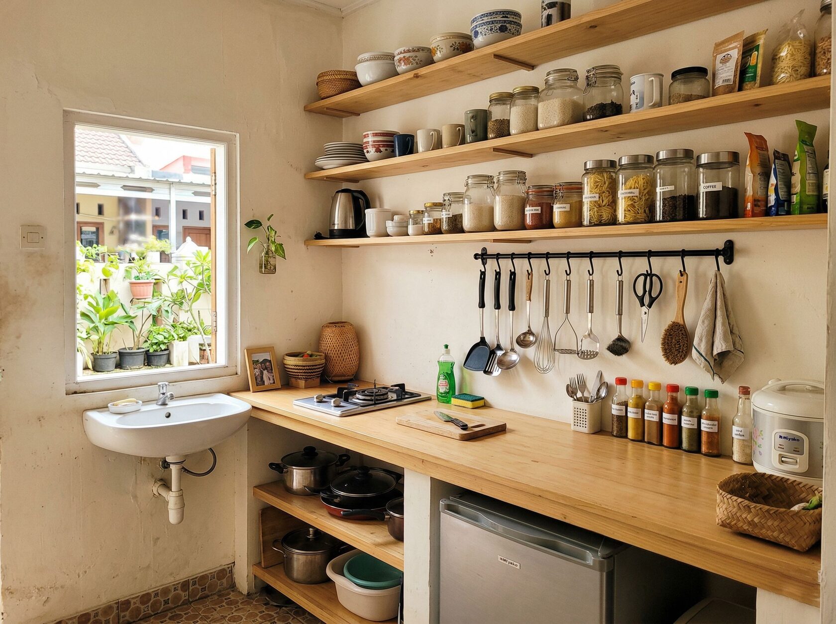 Rak dinding dan gantungan hemat ruang untuk dapur kecil