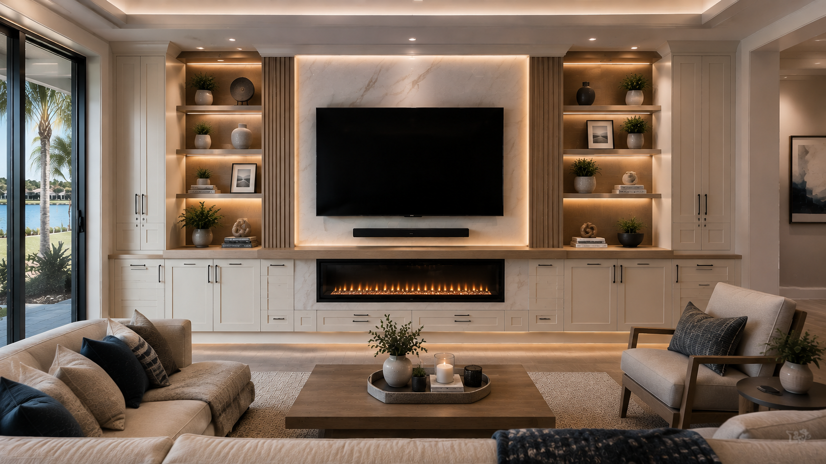 Premium full-wall entertainment center with custom cabinetry, marble-look panels, electric fireplace, illuminated shelves, and mounted TV.
