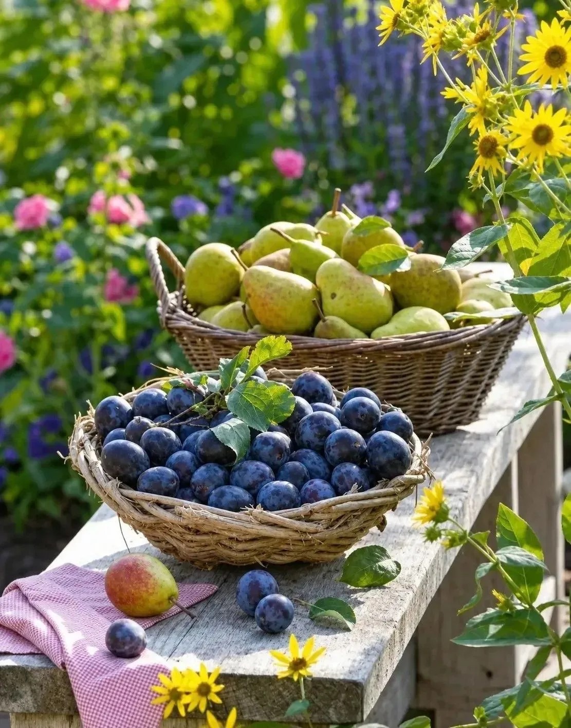 Груши и сливы в корзинах