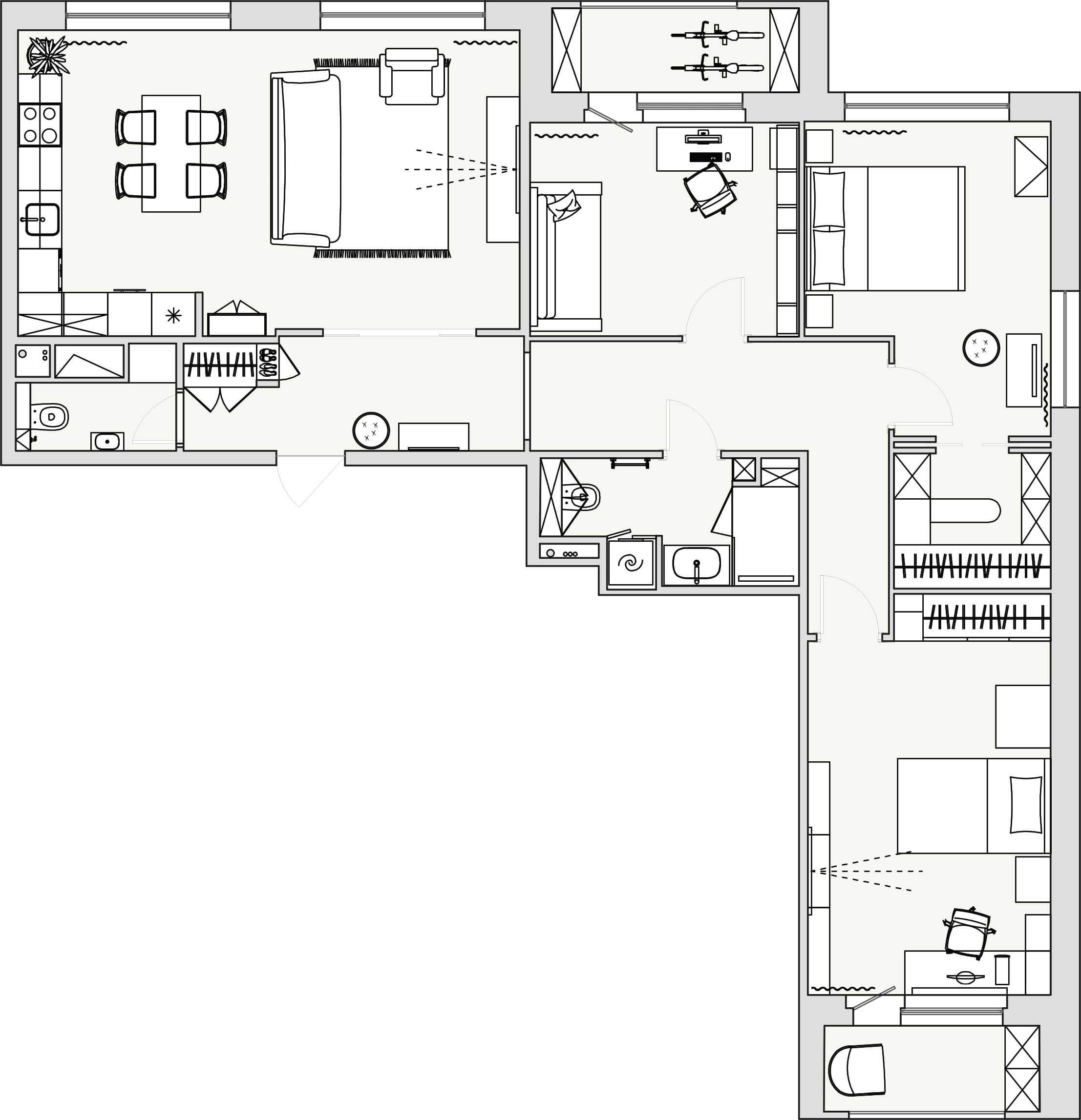 планировка четырехкомнатной квартиры с деткой, гардеробной, совмещенная кухня и гостиная 