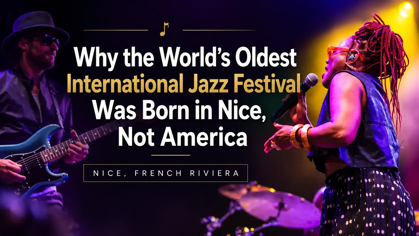 Live jazz performance at the Nice Jazz Festival in Nice French Riviera France featuring a singer and guitarist on stage under colorful lights.