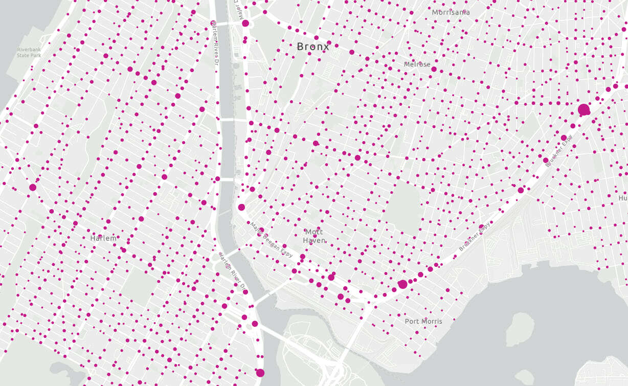 The density of motor vehicle crashes in Bronx, New York City (2020) visualized with clustering.